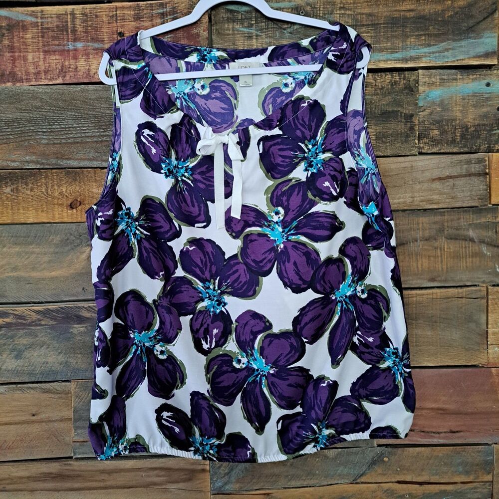 Loft Purple Floral Womens Top Size XL Large Tie‎ Neck Blousen Bottom Lightweight